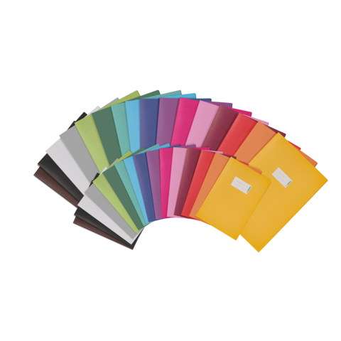 Bunte Ordner in verschiedenen Farben, angeordnet in einem Halbkreis, mit einem gelben Ordner an der rechten Seite.