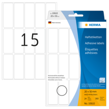 Haftetiketten in weiß, 20 x 50 mm, 24 Stück pro Packung, mit der Nummer 15 auf einem Etikett.
