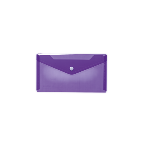 Lila Kunststoffmappe mit Druckknopfverschluss, ideal zur Aufbewahrung von Dokumenten oder Karten.