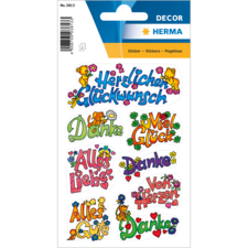 Bunte Aufkleber mit verschiedenen Texten wie "Herzlichen Glückwunsch", "Danke" und "Viel Glück", verziert mit Blumenmotiven.