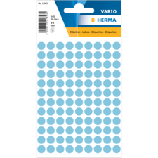 Blaues Etikettenblatt mit 540 runden Aufklebern, Durchmesser 8 mm, verpackt in einer transparenten Hülle.