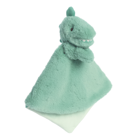 Grünes Plüschspielzeug in Form eines Dinosauriers mit einer Decke, die an den Körper des Dinosauriers angenäht ist.
