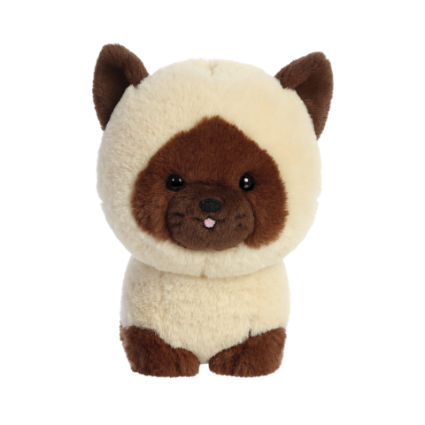 Kuscheltier in Form eines Hundes mit braunem Gesicht und Ohren, umgeben von einem hellen, flauschigen Körper.