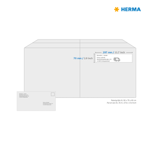 Paketgröße XL 90 x 70 x 40 cm, mit Abmessungen und Versandinformationen. Enthält Maße in Millimetern und Zoll.