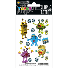 Bunte temporäre Tattoos mit cartoonhaften Figuren, darunter ein Schwein, Monster und Augen, auf einem Verkaufsblatt.