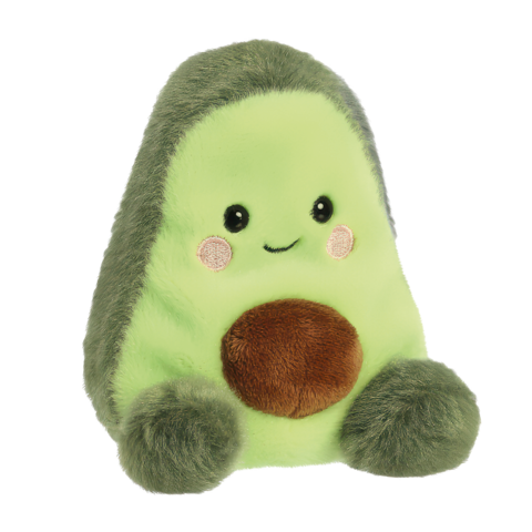 Kuscheliges Avocado-Plüschtier mit einem lächelnden Gesicht und einem braunen Kern, in sanften Grüntönen gestaltet.