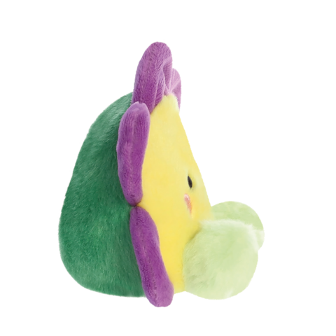 Plüschfigur in Form einer bunten Blume mit gelbem Kopf und lila sowie grünen Blütenblättern, von der Seite betrachtet.