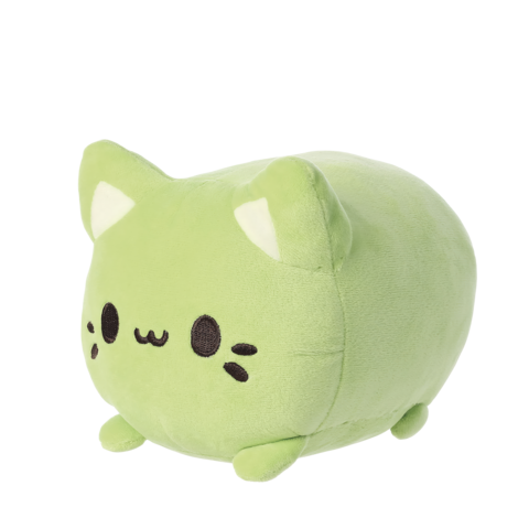 Kuscheltier in Form einer runden, grünen Katze mit großen Augen und kleinen Ohren.