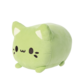 Kuscheltier in Form einer runden, grünen Katze mit großen Augen und kleinen Ohren.