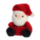 Plüsch-Santa mit rotem Hut und weißem Bart, sitzt mit einem freundlichen Gesichtsausdruck.