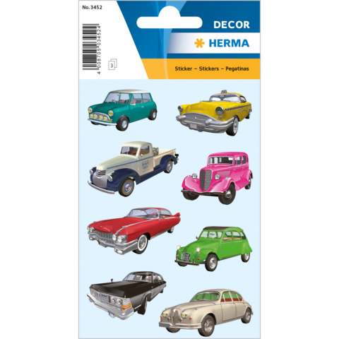 Aufkleber mit verschiedenen klassischen Autos in verschiedenen Farben, darunter ein grüner, roter und pinker Wagen, auf einem hellblauen Hintergrund.