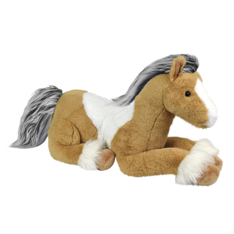 Plüschpferd in braun-weißer Färbung mit grauem Mähnenfell, in liegender Position.