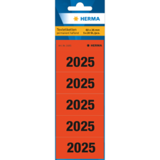 Rote Textetiketten mit der Aufschrift "2025", 60 x 26 mm, 5 Blätter mit je 20 Etiketten, permanent haftend.
