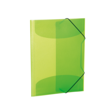 Transparente grüne Mappe mit schwarzem Gummiband, geeignet zur Aufbewahrung von Dokumenten oder Unterlagen.
