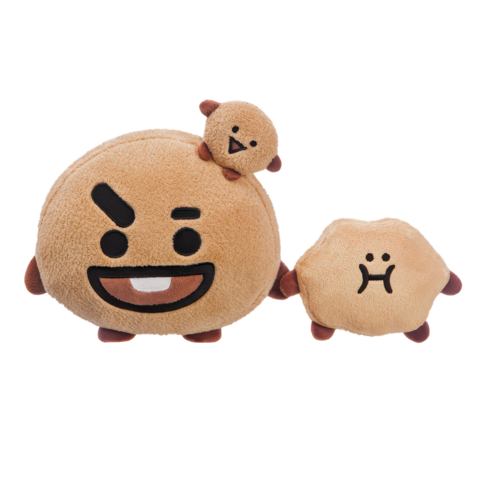Drei Plüschfiguren in Form von runden, braunen Charakteren mit verschiedenen Gesichtsausdrücken, darunter ein lächelndes und ein trauriges Gesicht.