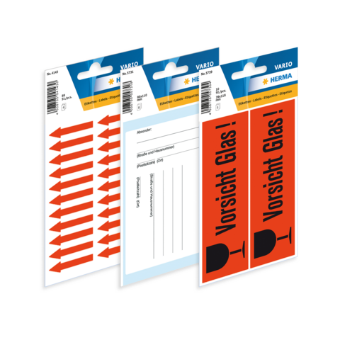 Drei Blätter mit Etiketten: rote Warnhinweise "Vorsicht Glas!" und Pfeile sowie ein Blatt für Adressangaben.