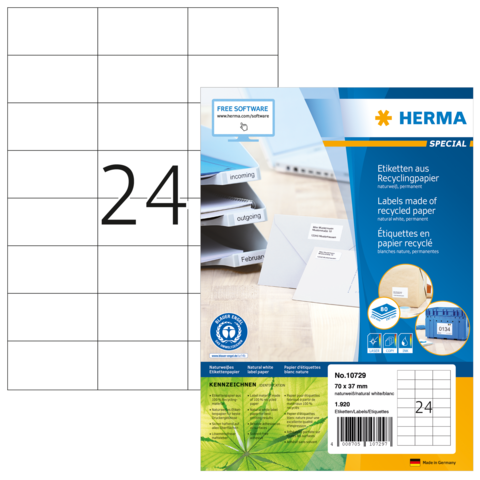 Etikettenbogen mit 24 Etiketten, hergestellt aus Recyclingpapier, mit Informationen zur Software und Anwendung.