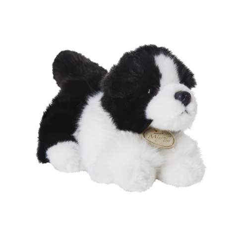 Schwarzer und weißer Plüschhund mit einem kleinen Etikett am Hals, der aufrecht sitzt und freundlich aussieht.