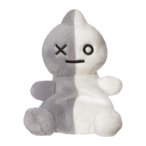Plüschfigur mit halb grauer und halb weißer Farbe, mit einem neutralen Gesicht und einem X-Auge auf der grauen Seite.
