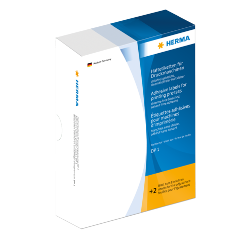 Hafteetiketten für Druckmaschinen in einer Verpackung von HERMA, mit Informationen zur Verwendung und Produktdetails.
