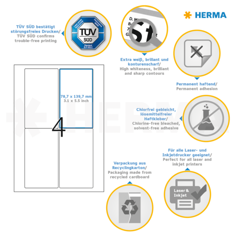 Etikettenbeschreibung mit technischen Details: Maße 78,7 x 139,7 mm, permanent haftend, chlorfrei, geeignet für Laser- und Inkjetdrucker." 

(Note: The text is already in German and does not require translation. It is clear and fluent as is.)