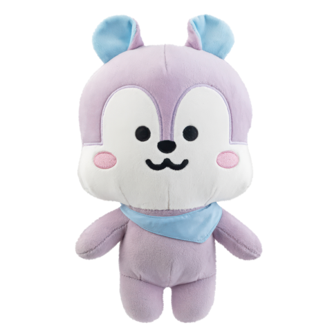 Plüschfigur eines niedlichen, lila Tieres mit blauen Ohren und einem blauen Halstuch. Es hat ein freundliches Gesicht mit rosa Wangen.