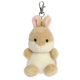 Plüschhase mit Clip, braun-weißer Körper und rosa Ohren, sitzt aufrecht und hat schwarze Augen.