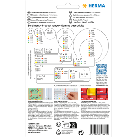Produktübersicht von Herma mit verschiedenen Etikettenformaten, Farben und Anwendungshinweisen. QR-Code für weitere Informationen.