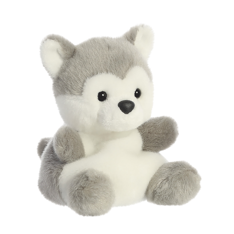 Plüschwolf mit grauem und weißem Fell, sitzend mit runden Ohren und einem freundlichen Gesichtsausdruck.