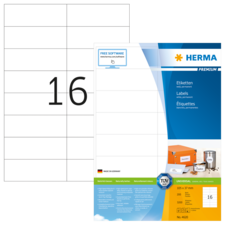 Etikettenblatt mit der Aufschrift "16", Informationen zu Herma Etiketten und Softwarehinweisen, sowie Produktdetails.