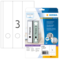 Ordneretiketten von Herma, mit Beschriftungen für "Finanzen" und "Rezepte", inklusive Softwarehinweis. Verpackung zeigt zwei Ordner.