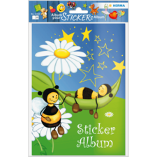 Ein buntes Stickeralbum mit zwei Bienen, einer großen Blume und Sternen auf einem hellblauen Hintergrund.