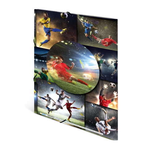 Collage von Fußballspielern in Aktion, die verschiedene Schüsse und Spielmomente zeigen, umgeben von dynamischen Effekten und Fußballen.