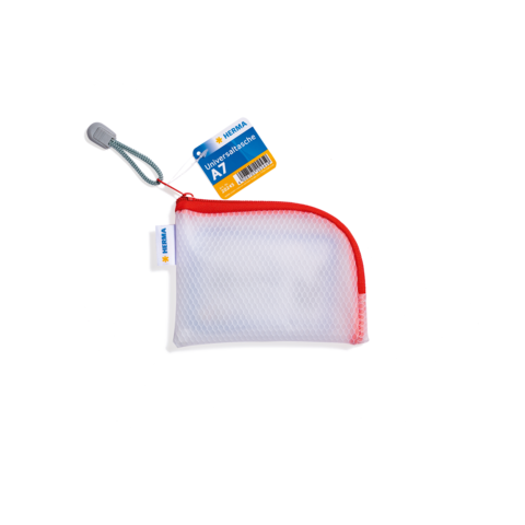 Transparente Tasche mit rotem Reißverschluss und grauem Kordelzug, beschriftet mit einem gelben Etikett.