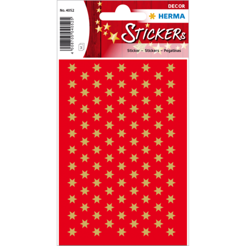 Rote Sticker mit goldenen Sternen in gleichmäßiger Anordnung auf einem Bogen. Ideal für Dekoration und Bastelprojekte.