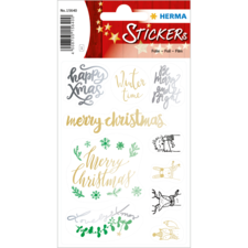 Weihnachtliche Aufkleber mit verschiedenen Designs, darunter "Merry Christmas", Schneeflocken und festliche Motive in Gold und Grün.