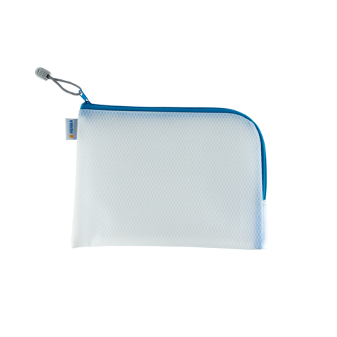 Weiße Tasche mit blauer Reißverschlusskante, geeignet für die Aufbewahrung von kleinen Gegenständen oder Zubehör.