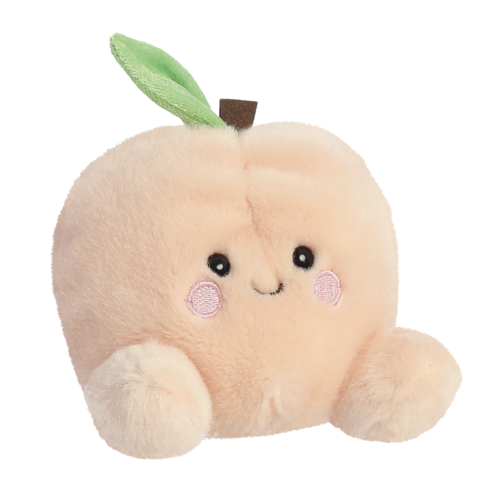 Kuscheliger, runder Pfirsich mit einem lächelnden Gesicht, rosa Farbe und einem kleinen grünen Blatt oben.