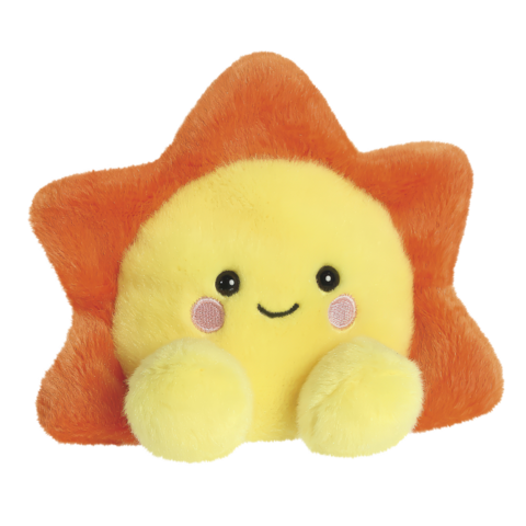 Ein gelbes, lächelndes Plüschsternchen mit orangefarbenen Spitzen und runden, weißen Pfoten.