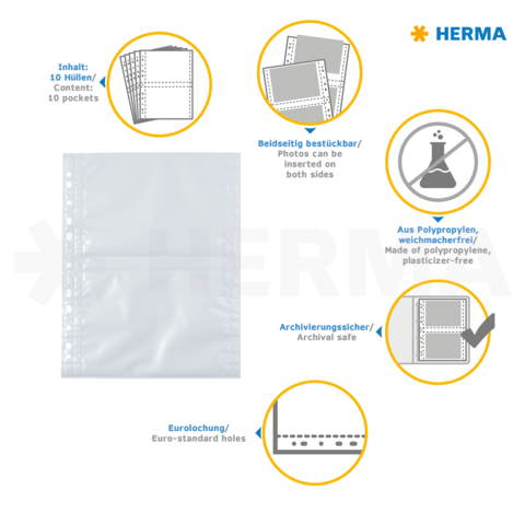 Transparente Sammelmappe mit 10 Taschen, aus Polypropylen, beidseitig bestückbar, archivierungssicher und mit Eurolochung.