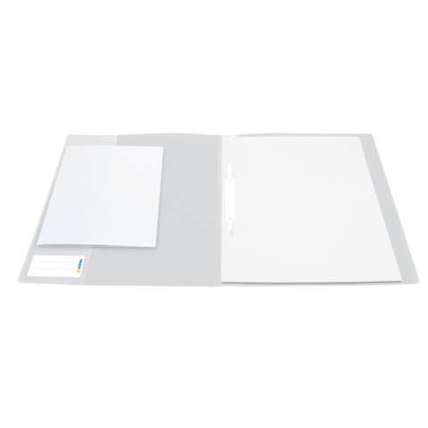 Offenes Ordnersystem mit einer leeren Innenseite und einem zusätzlichen Blatt auf der linken Seite.