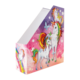 Ein bunter Ordner mit Einhorn-Motiven, verziert mit Schmetterlingen und einem Regenbogen auf einem pastellfarbenen Hintergrund.