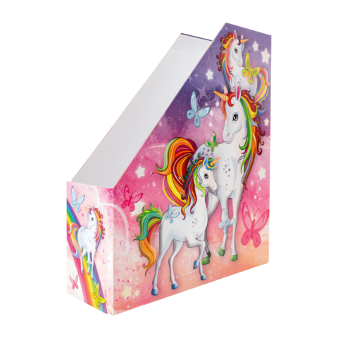 Ein bunter Ordner mit Einhorn-Motiven, verziert mit Schmetterlingen und einem Regenbogen auf einem pastellfarbenen Hintergrund.