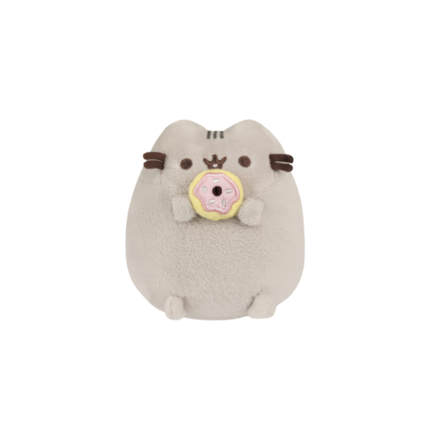 Kuscheltier in Form einer grauen Katze mit einem Donut in der Mitte. Die Katze hat ein freundliches Gesicht und kleine Ohren.