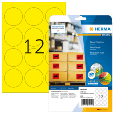 Neon-Etiketten auf einem Bogen mit 12 runden Aufklebern, verpackt in einer transparenten Hülle von HERMA.