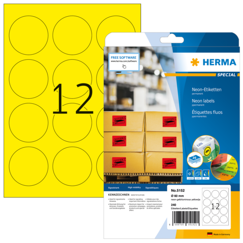 Neon-Etiketten auf einem Bogen mit 12 runden Aufklebern, verpackt in einer transparenten Hülle von HERMA.