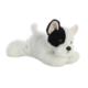 Plüschhund mit schwarzer und weißer Fellzeichnung, liegt entspannt mit gesenktem Kopf und offenen Augen.