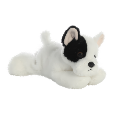 Plüschhund mit schwarzer und weißer Fellzeichnung, liegt entspannt mit gesenktem Kopf und offenen Augen.