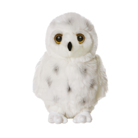 Plüsch-Eule mit weißen Federn und großen, runden Augen, steht aufrecht und hat eine weiche Textur.