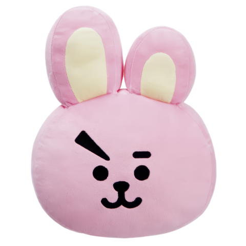 Rosa Kissen in Form eines Hasen mit großen Ohren und einem lächelnden Gesichtsausdruck.
